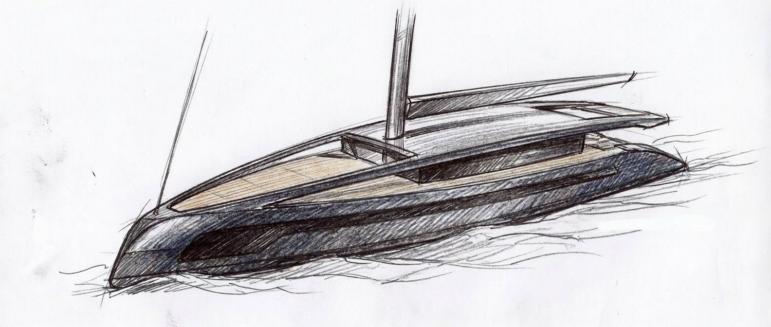 3/4 front view, pencil with subtle teak deck