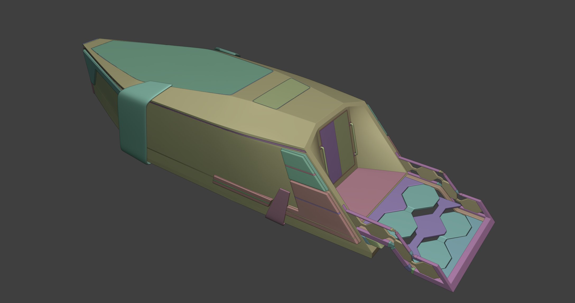 Blender clay render — deployed ramp and hexagonal platform